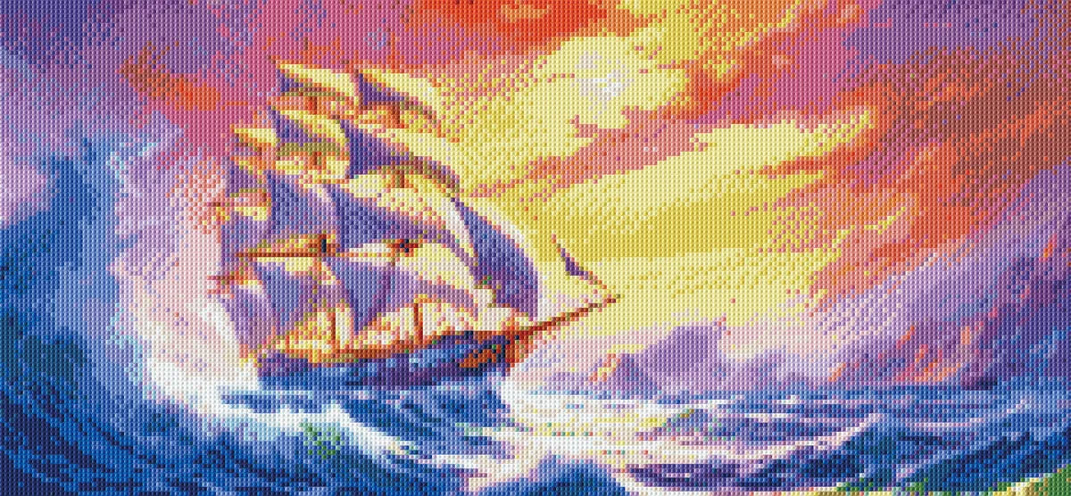 	Completed diamond art of a majestic clipper ship navigating stormy waters.