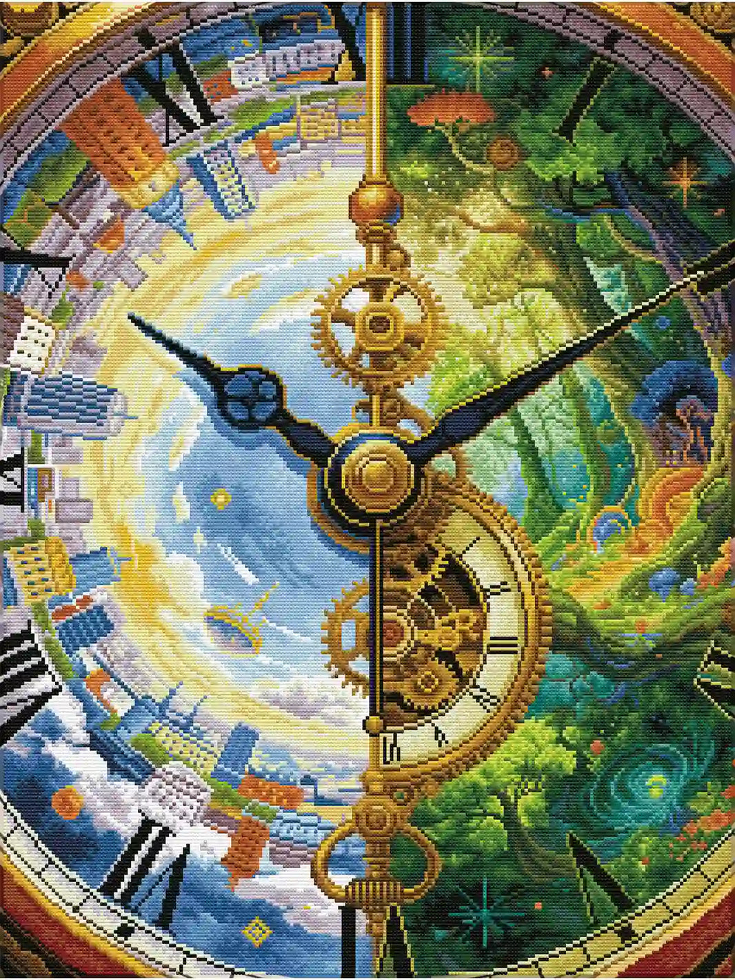 Shimmering effect of golden AB drills on the intricate clockwork gears - FEELOOK Art