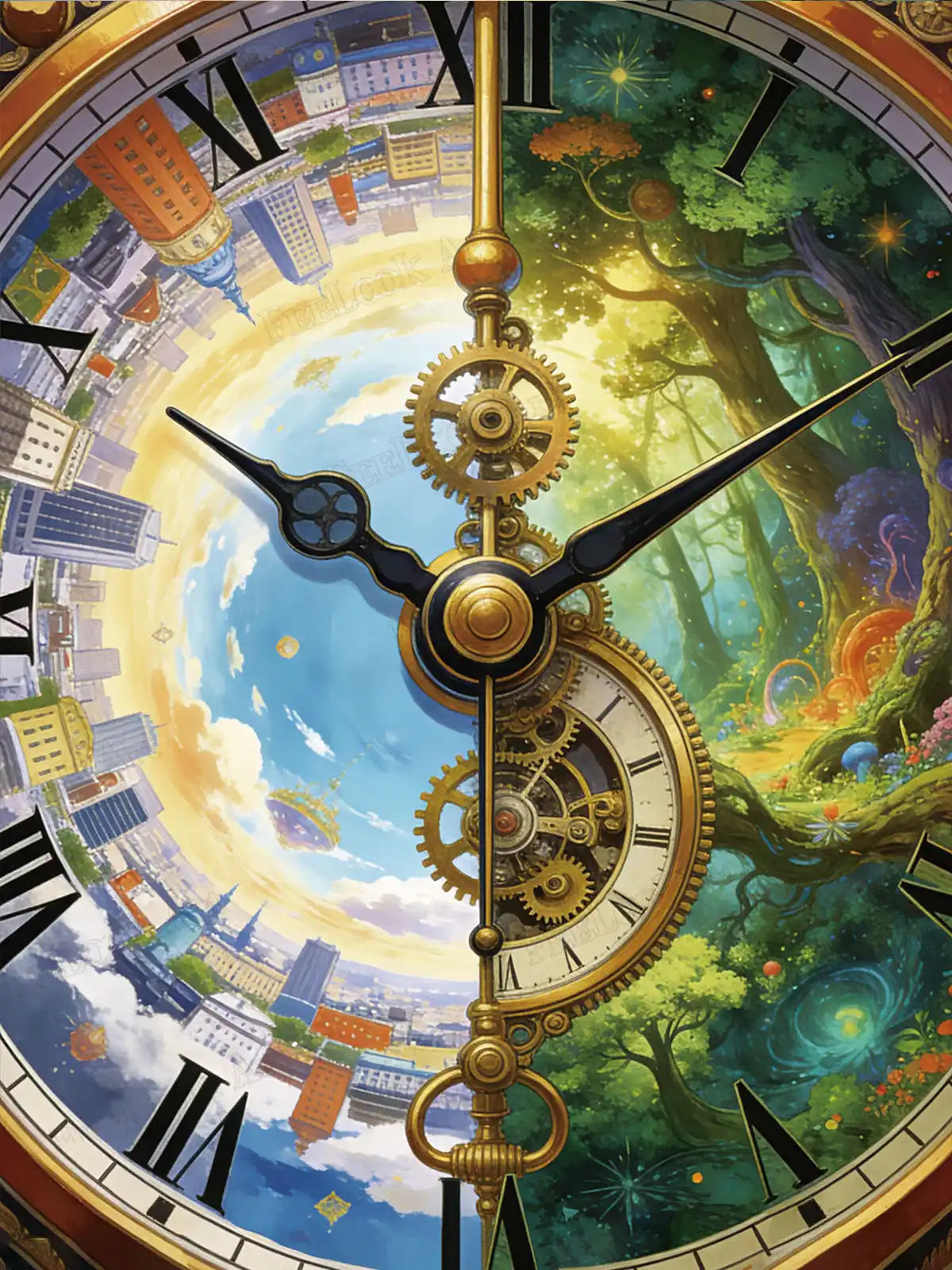 Clockwork Realms grand clock face with split city and forest worlds - FEELOOK Art