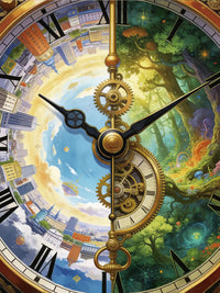 Clockwork Realms grand clock face with split city and forest worlds - FEELOOK Art