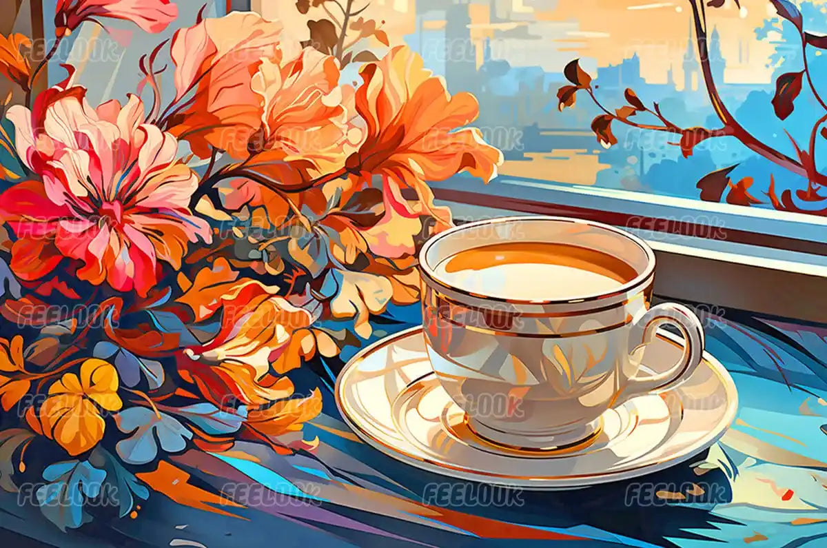 Coffee Cup diamond painting full view, capturing the warmth and inviting charm of a steaming cup of coffee in vibrant diamonds.