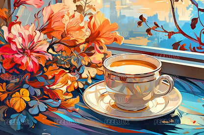 Coffee Cup diamond painting full view, capturing the warmth and inviting charm of a steaming cup of coffee in vibrant diamonds.