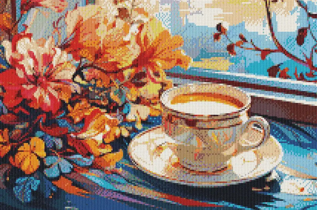 Rendered view of Coffee Cup diamond painting, showcasing the rich colors and fine details of the steaming coffee cup.