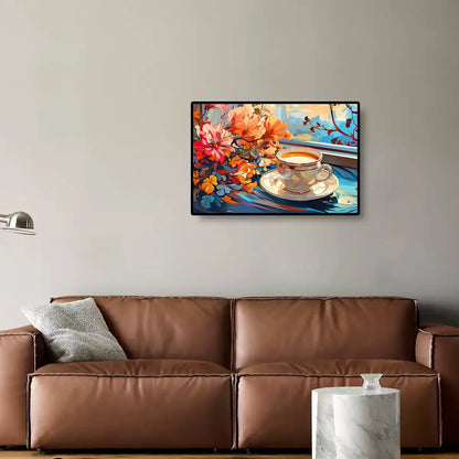 Coffee Cup diamond painting shown in a cozy room setting, bringing a relaxed and comforting ambiance.