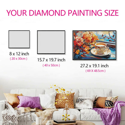 Wall-mounted size comparison showing Coffee Cup diamond painting artwork proportions in a living room setting.