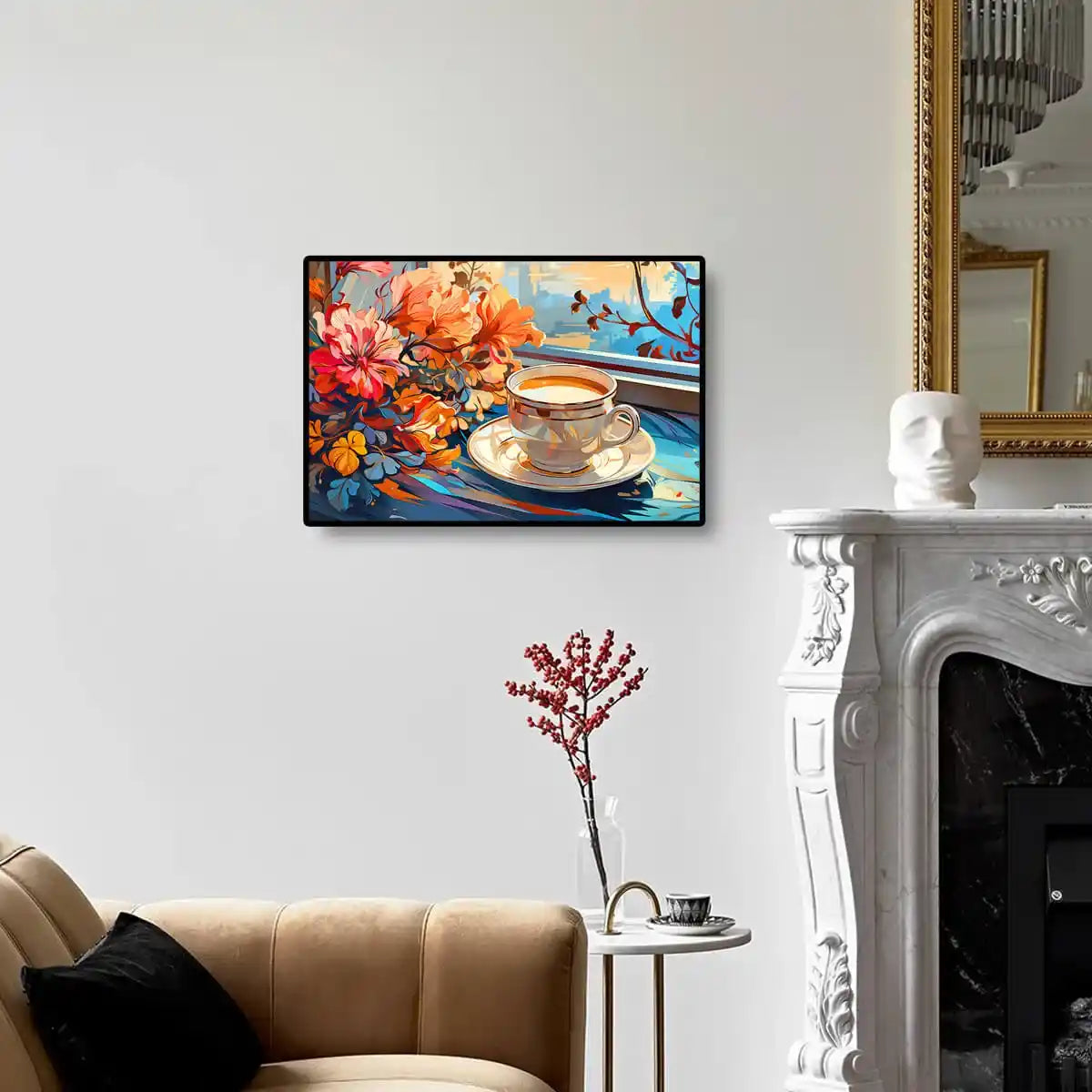 Coffee Cup diamond painting displayed on wall, perfect for coffee lovers to enhance the kitchen or living space with a cozy vibe.