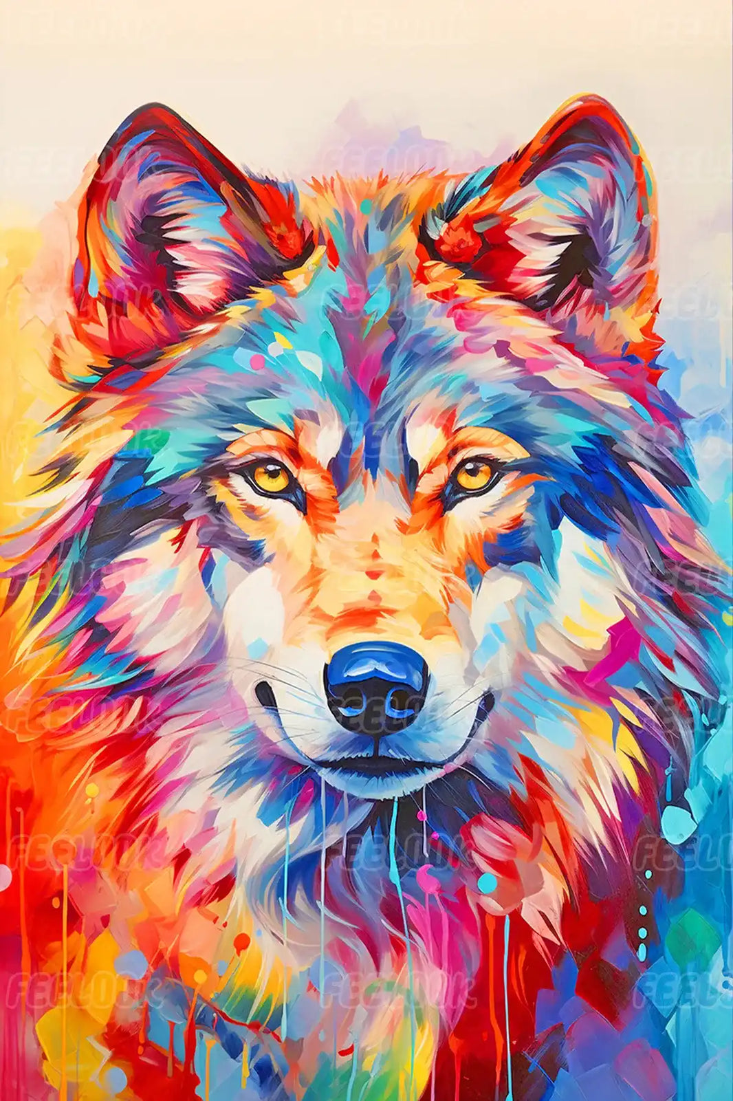 Bright multicolor full drill diamond painting of a wolf, beginner-friendly DIY diamond painting kit with round drills.