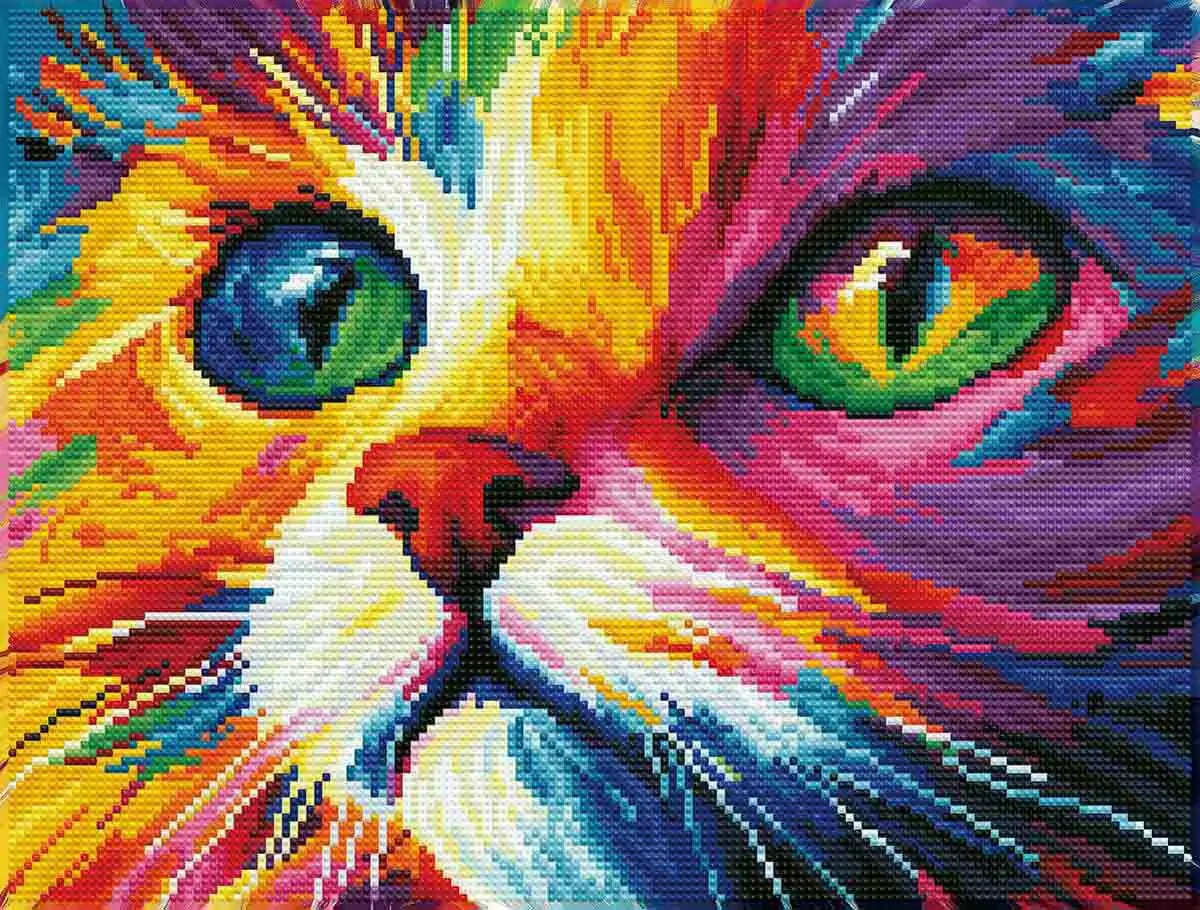 Finished Colorful Cat Gaze diamond art with shimmering, bold details and bright hues – FEELOOK Art