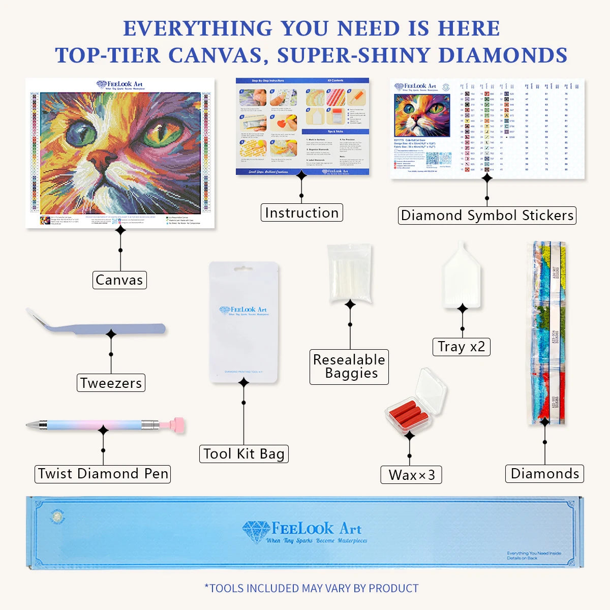 Diamond painting kit for Colorful Cat Gaze including applicator pen, tray, wax, and shining diamonds – FEELOOK Art