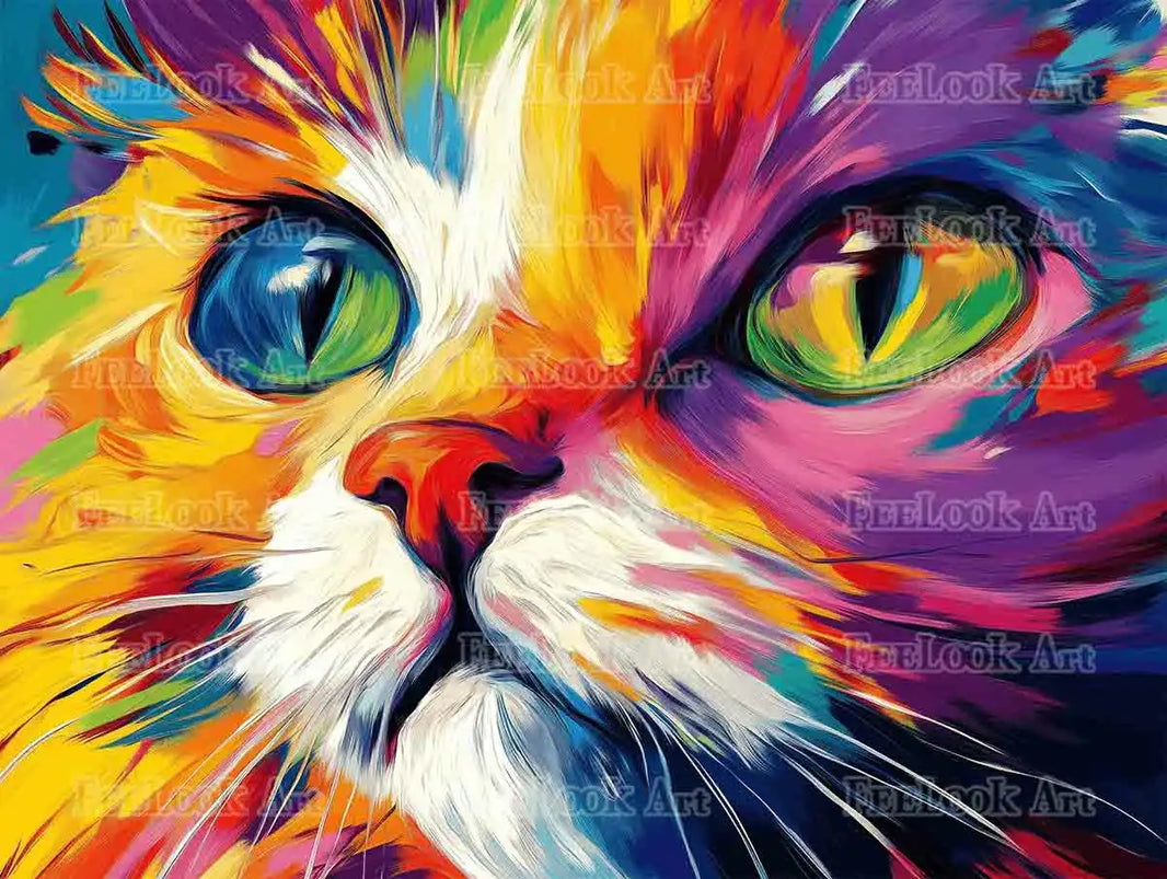 Colorful Cat Gaze diamond painting featuring a vibrant, animated cat face with bold colors – FEELOOK Art