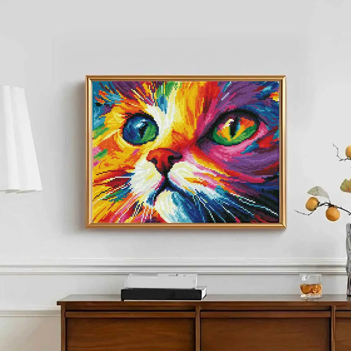 Colorful Cat Gaze diamond painting displayed in a modern home setting, adding energy and fun – FEELOOK Art