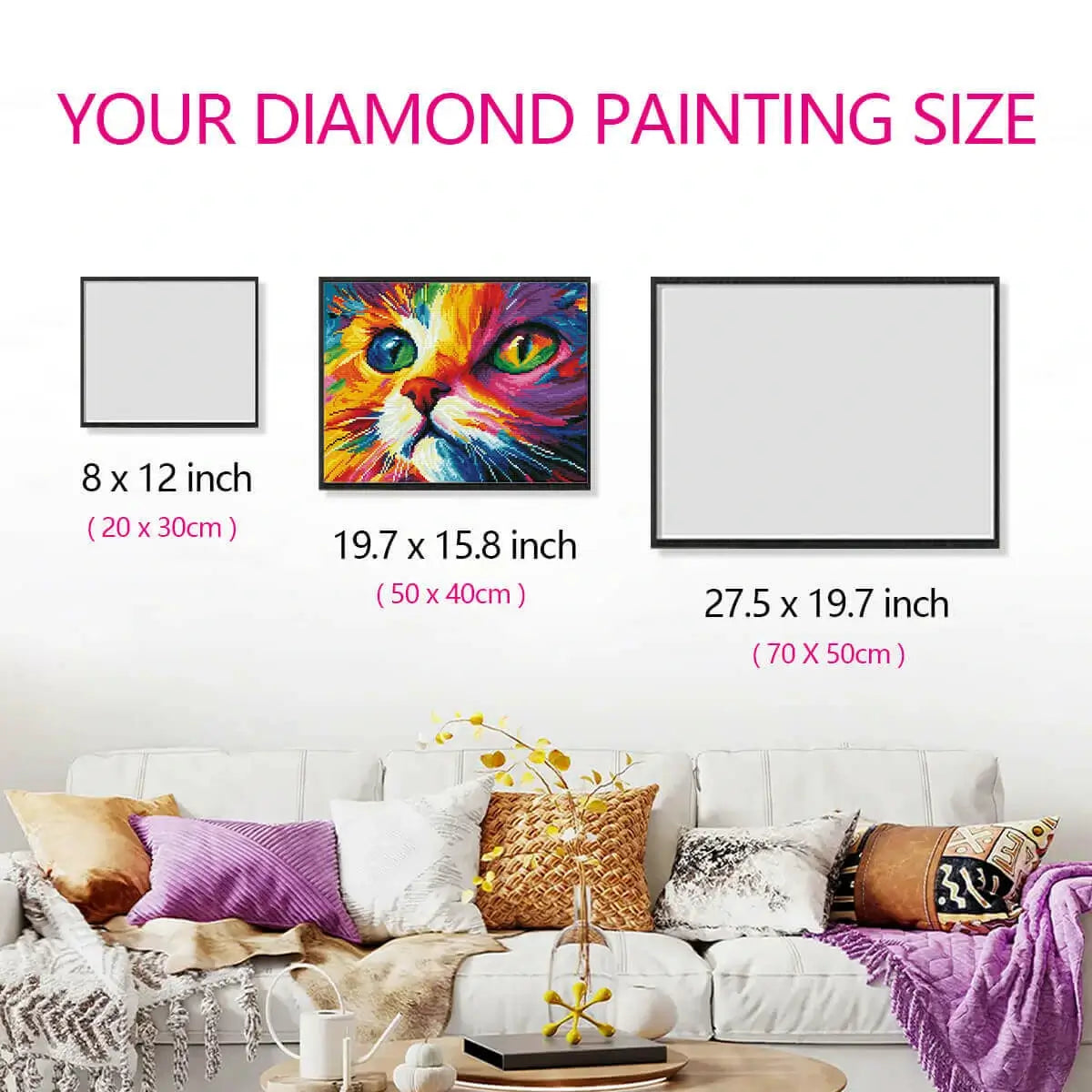 Size reference for Colorful Cat Gaze diamond painting with hand for scale – FEELOOK Art