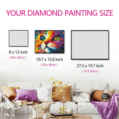 Size reference for Colorful Cat Gaze diamond painting with hand for scale – FEELOOK Art