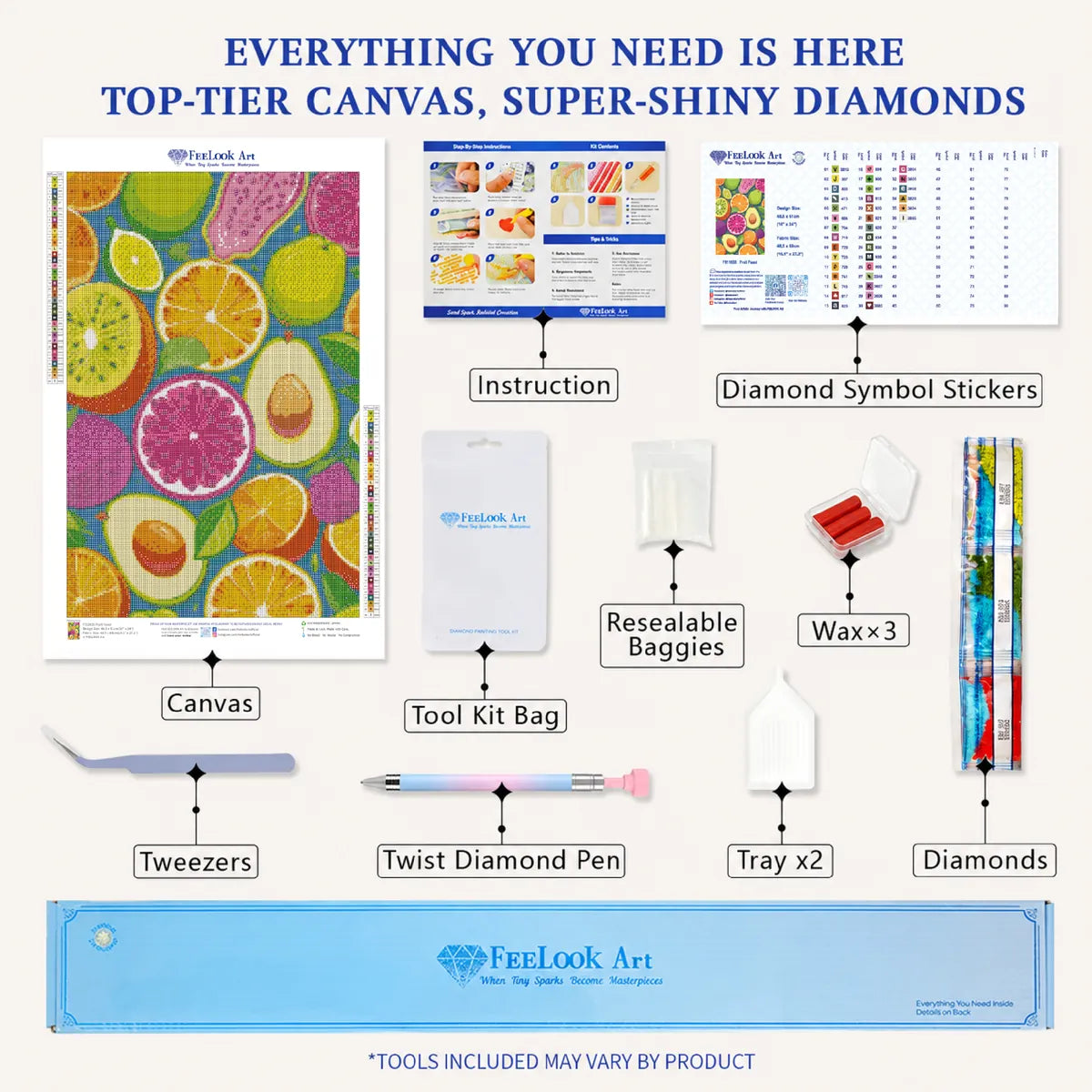 Fruit Feast diamond painting kit with canvas, resin drills, trays, pen, wax, stickers and other crafting tools - FEELOOK Art