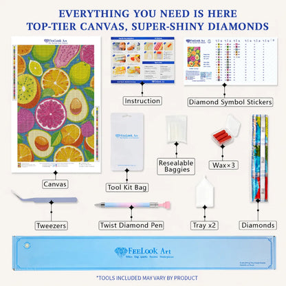 Fruit Feast diamond painting kit with canvas, resin drills, trays, pen, wax, stickers and other crafting tools - FEELOOK Art