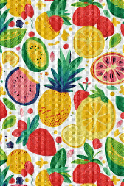 Rendered close-up of Colorful Fruit diamond painting showing vivid fruit textures and round drill shine