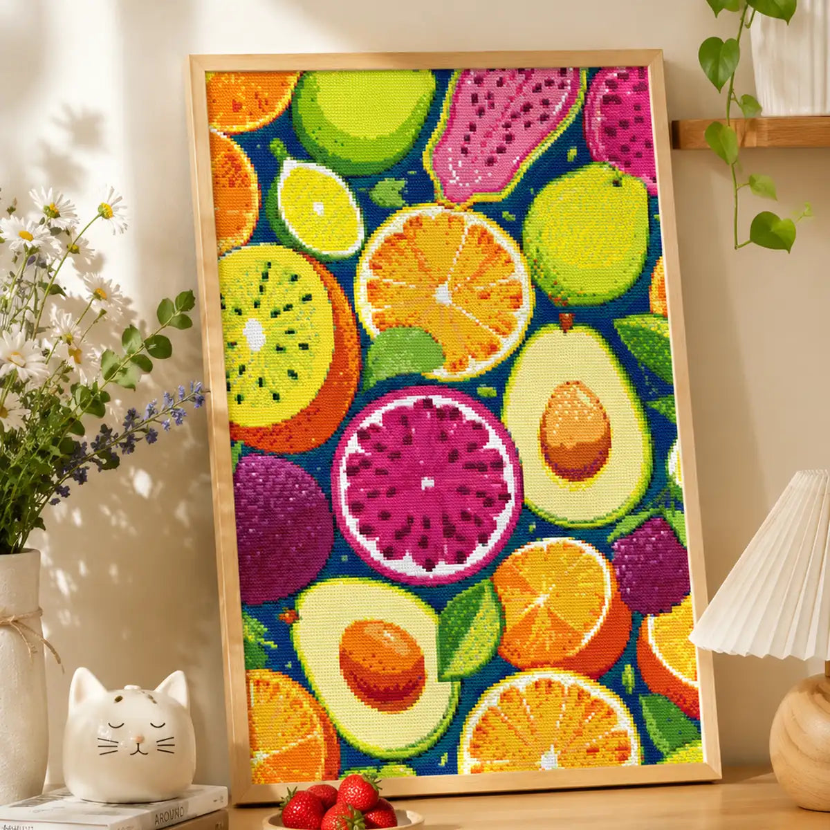 Fruit Feast diamond painting displayed in a light-filled room with colorful citrus, avocado and watermelon art - FEELOOK Art