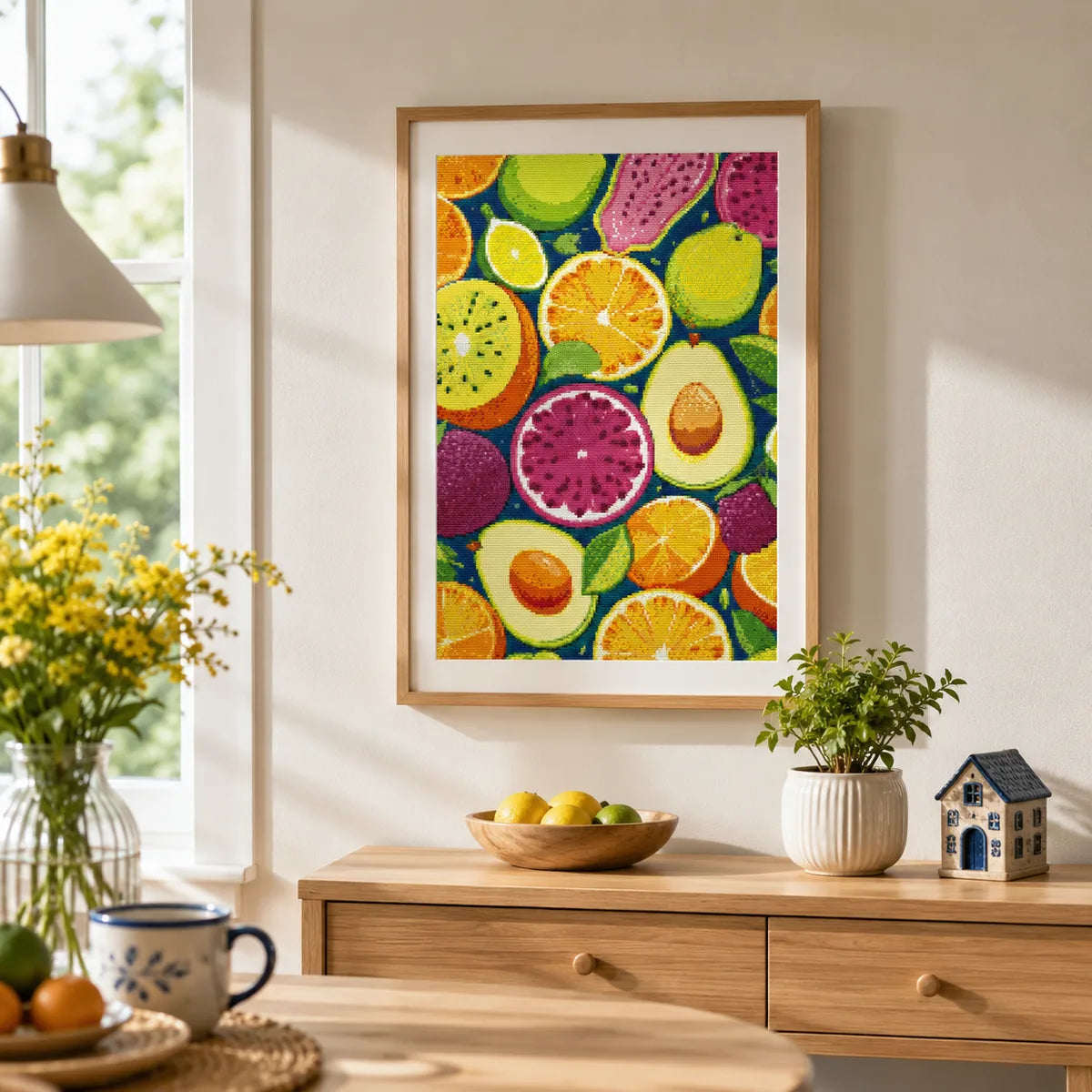 Fruit Feast diamond painting framed on a bright wall, bringing fresh fruit colors into a warm modern interior - FEELOOK Art