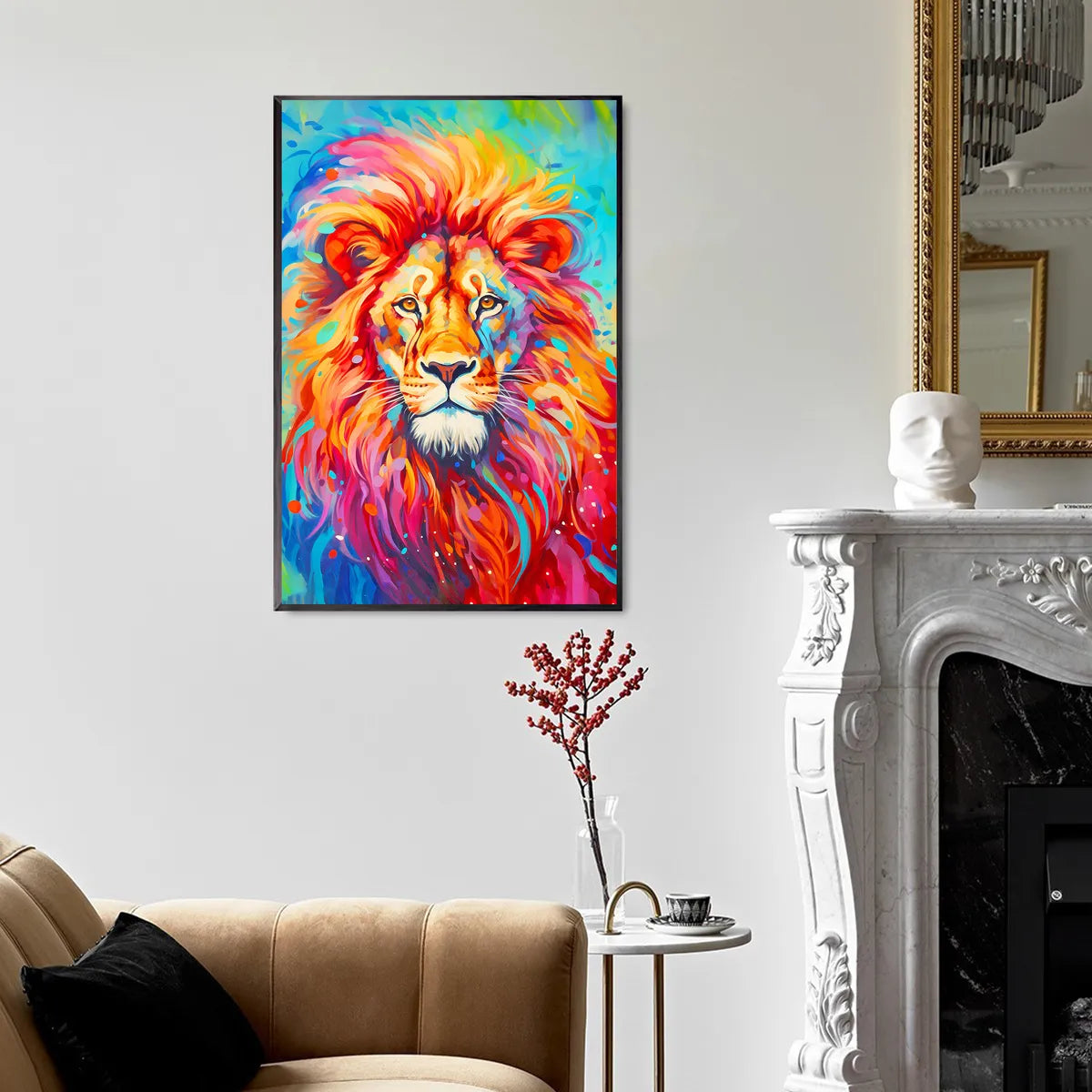 Vibrant lion diamond painting framed in luxury loft living room, ideal for relaxation and artistic creation.