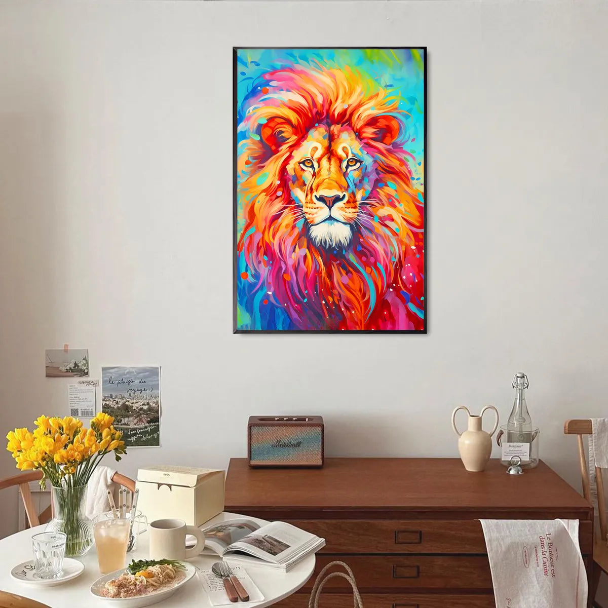 Rainbow lion wall art diamond painting displayed in artistic home space, perfect for meditative benefits.