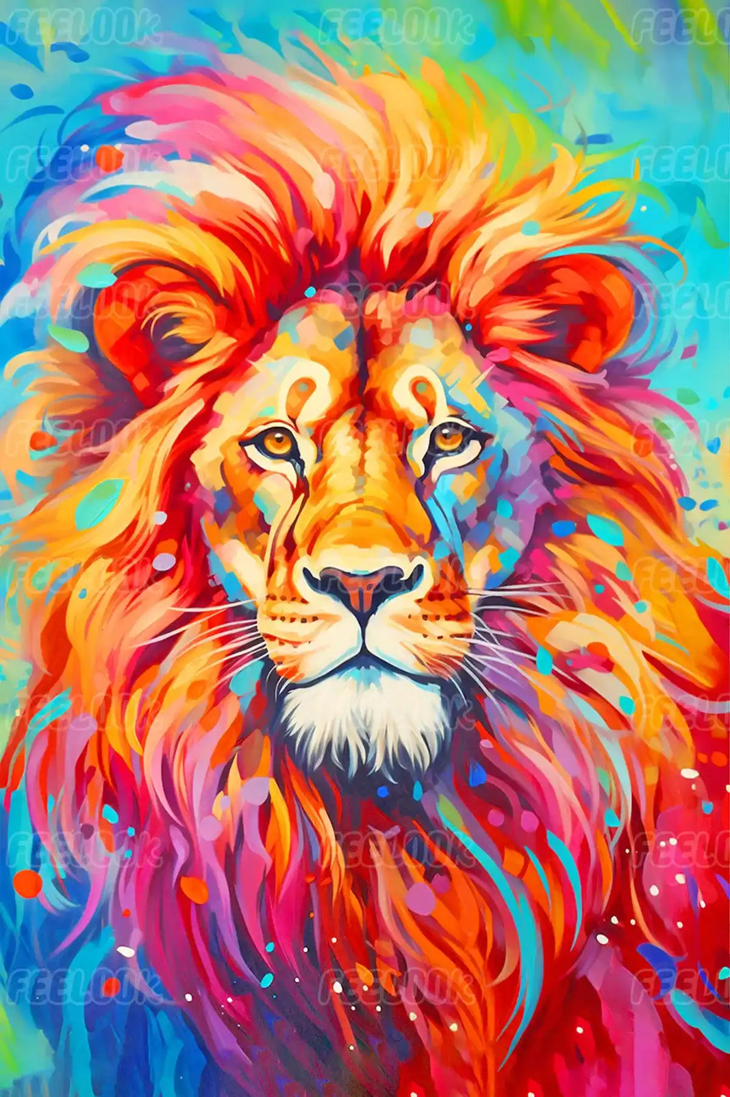Full drill diamond painting of a bold lion with rainbow-colored mane, beginner-friendly DIY diamond painting kit.