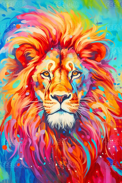 Full drill diamond painting of a bold lion with rainbow-colored mane, beginner-friendly DIY diamond painting kit.