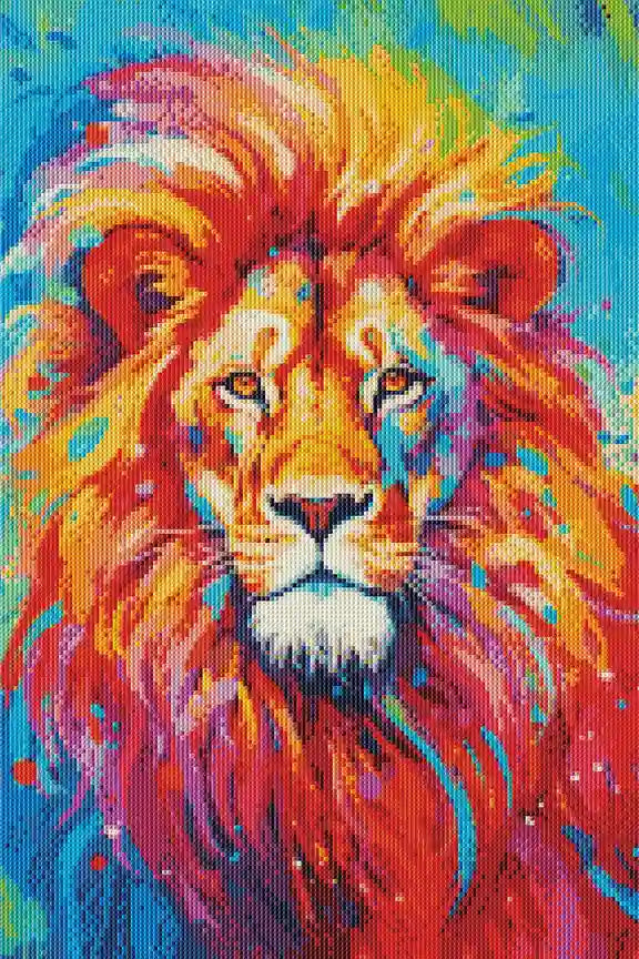 Lion face diamond painting with vivid shades and full drill sparkle effect, perfect for creative hobbyists.
