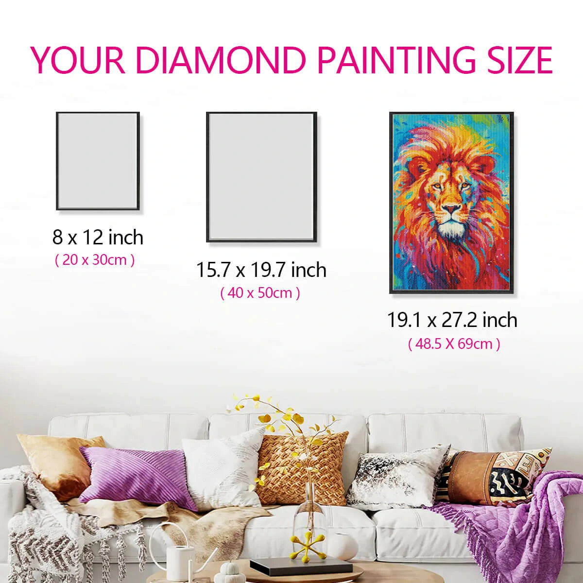 Size guide of Colorful Lion canvas next to measuring tape, easy to start round drill diamond painting kit.