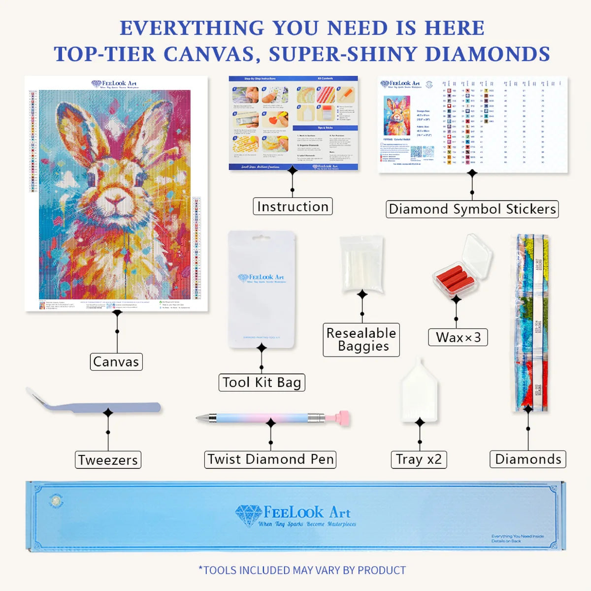 DIY diamond painting kit for Colorful Rabbit including canvas, pen, tray, wax, and drills. - FEELOOK Art
