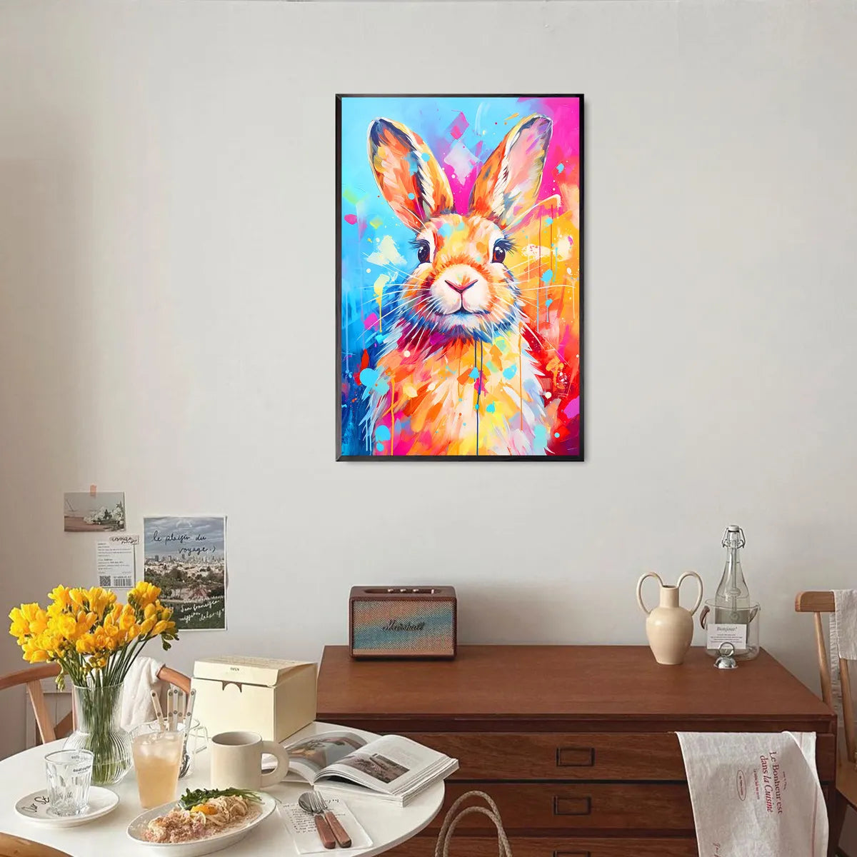 Cute bunny diamond painting displayed in nursery room décor.