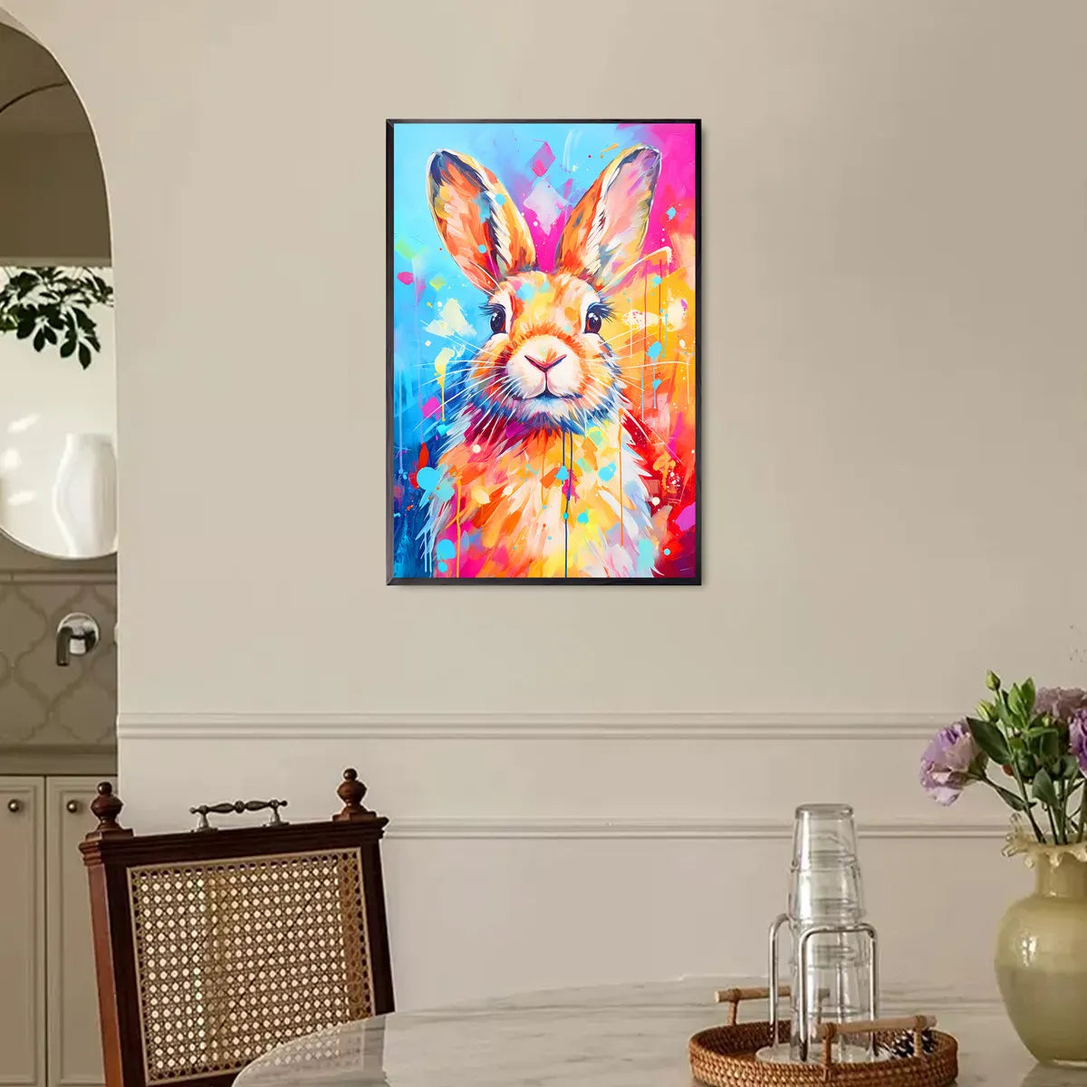 Rainbow rabbit artwork on wall in cheerful children's room.