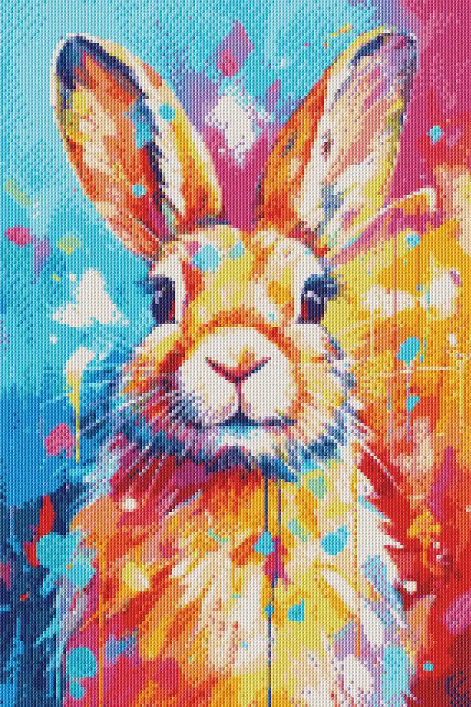 Mockup of finished diamond painting featuring bright rainbow bunny design.