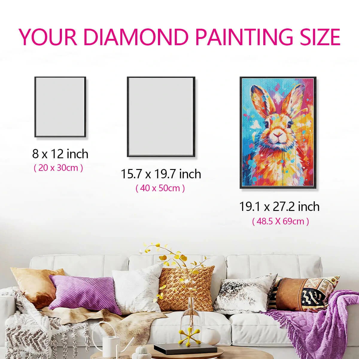 Size comparison of Colorful Rabbit full drill canvas held by hand.