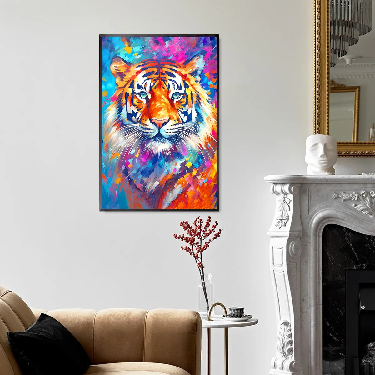 Rainbow tiger diamond art displayed in office interior, ideal for exploring diamond painting as a creative hobby.