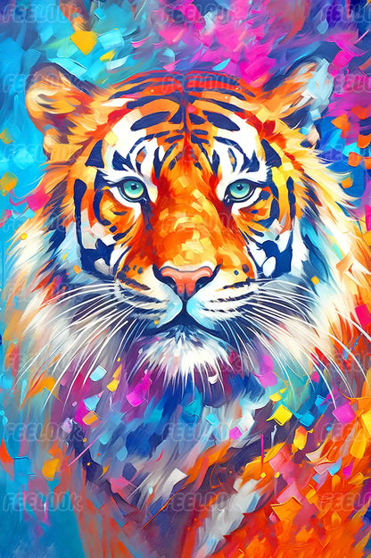 Rainbow-themed full drill diamond painting of a tiger with detailed fur, beginner-friendly diamond painting kit.