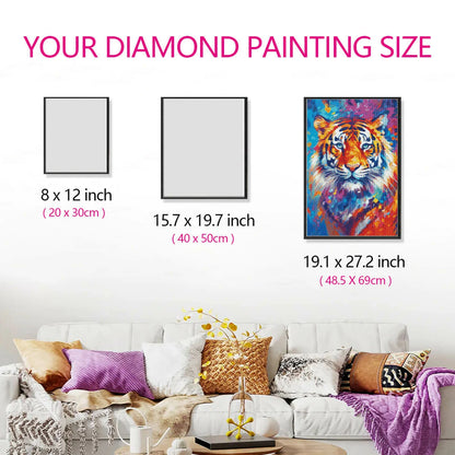 Size guide showing Colorful Tiger canvas beside A3 paper, easy to start round drill diamond painting kit.