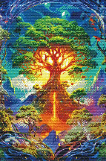 Finished Colorful Tree diamond painting with a luminous tree, rich blue scenery and layered resin drill colors - FEELOOK Art