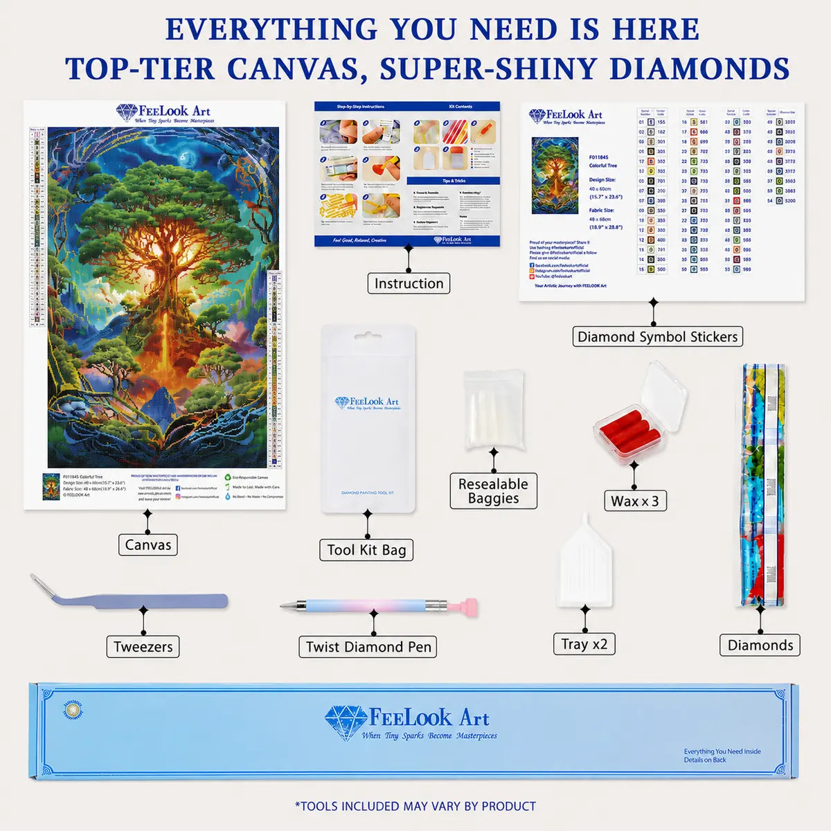 Colorful Tree diamond painting kit with full drill canvas, 54 resin drill colors and essential tools for crafting - FEELOOK Art