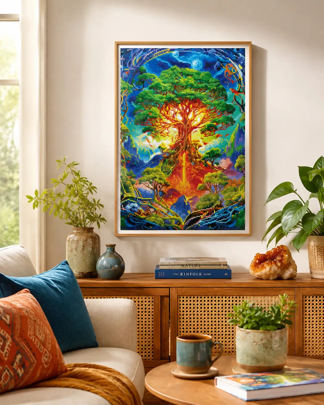 Colorful Tree diamond painting displayed as vibrant fantasy tree wall art with glowing greens and deep blues - FEELOOK Art