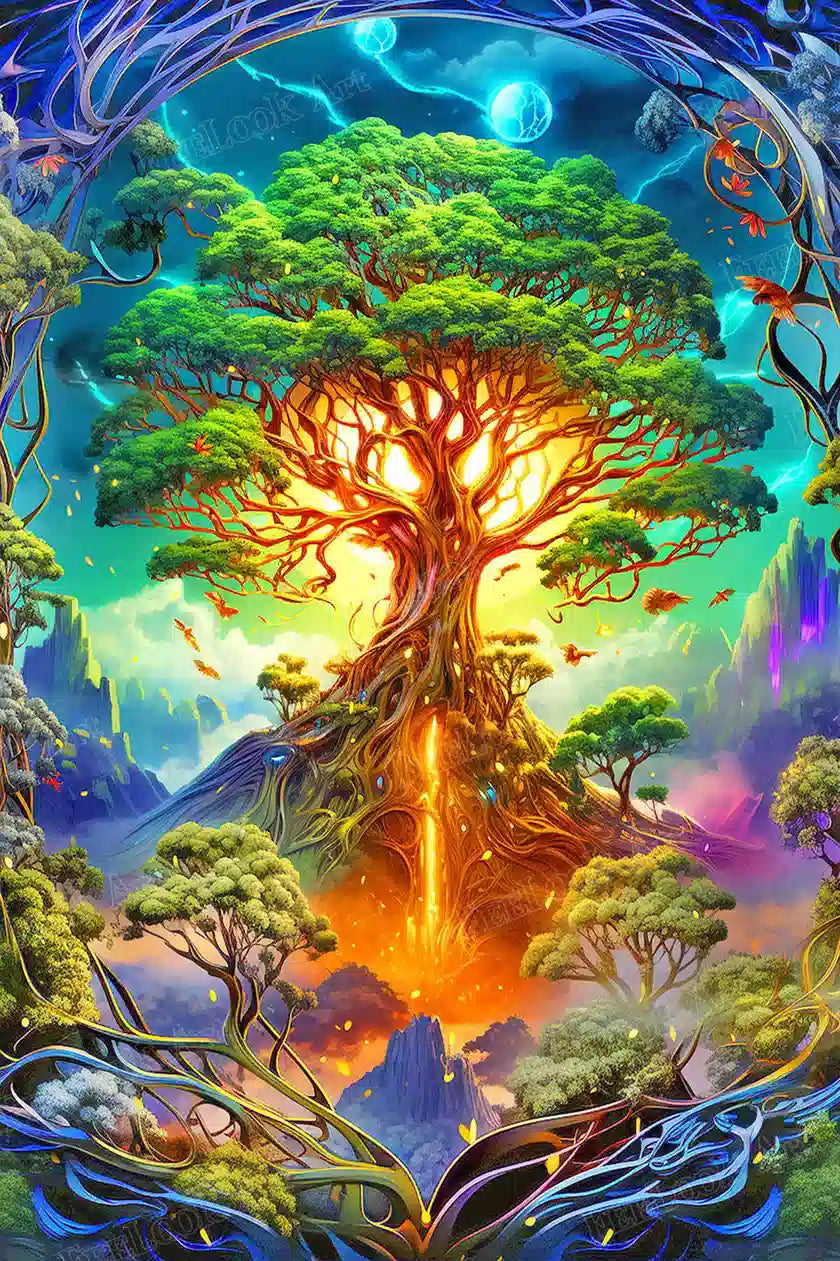 Colorful Tree full drill diamond painting with a glowing fantasy tree, vivid landscape details and 54 resin drill colors - FEELOOK Art