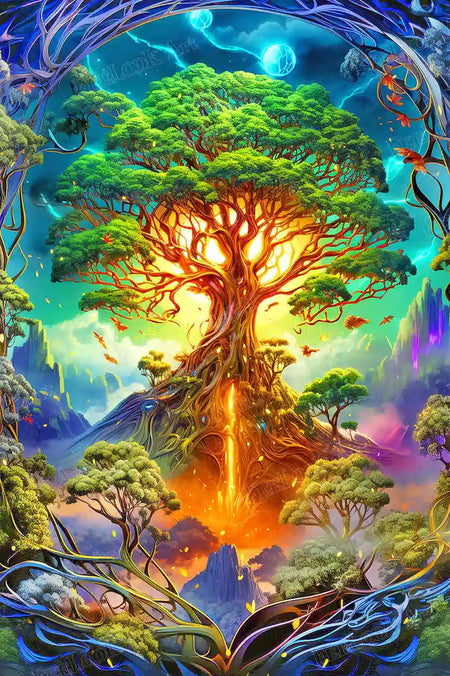 Colorful Tree full drill diamond painting with a glowing fantasy tree, vivid landscape details and 54 resin drill colors - FEELOOK Art