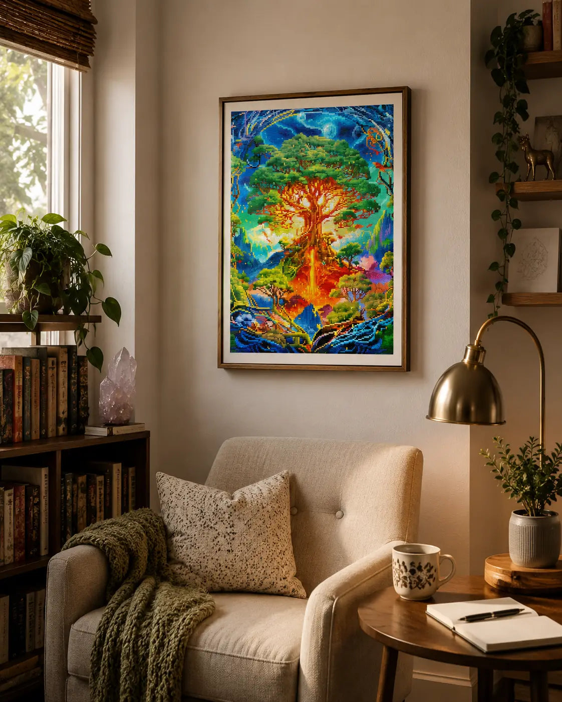 Colorful Tree diamond art shown in a cozy interior, bringing vivid tree colors and a magical landscape feel - FEELOOK Art
