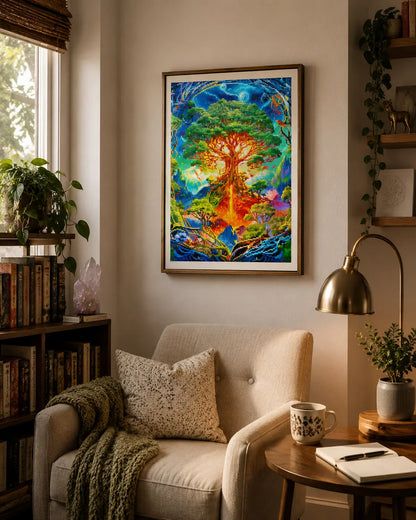Colorful Tree diamond art shown in a cozy interior, bringing vivid tree colors and a magical landscape feel - FEELOOK Art