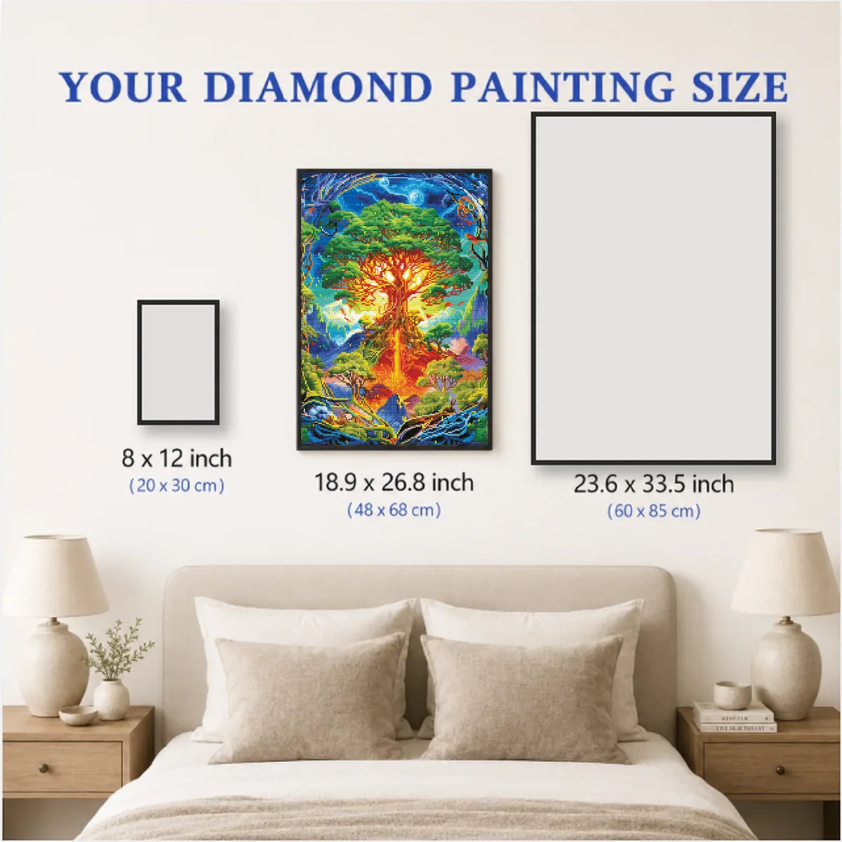 Colorful Tree diamond painting size chart showing the vivid fantasy tree artwork scale for home wall decor - FEELOOK Art
