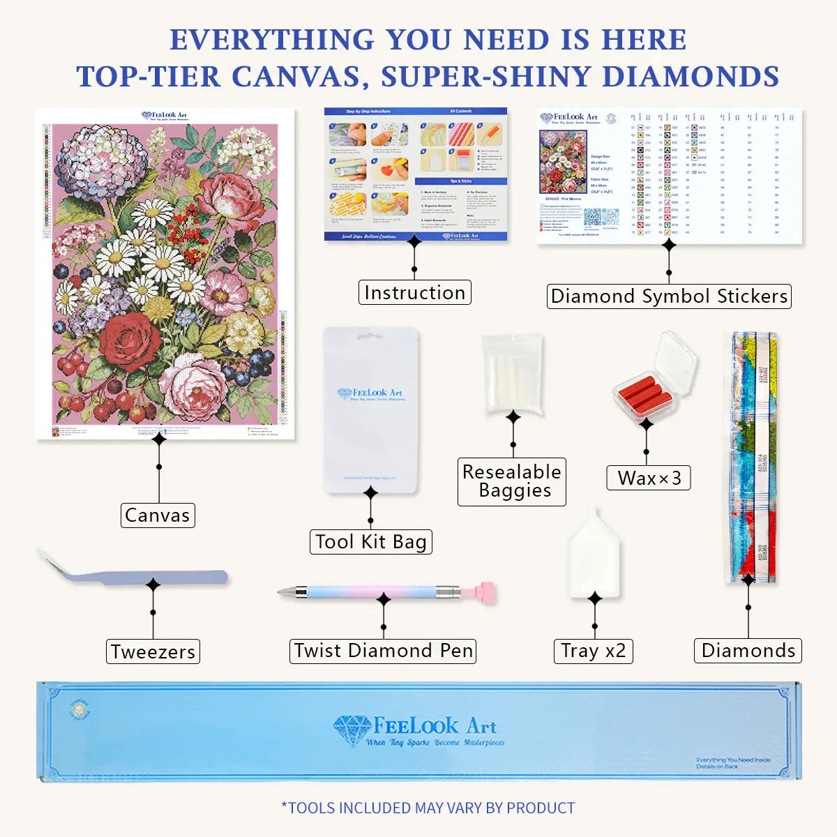 Comprehensive tool kit for the Pink Blooms diamond painting including premium canvas and super-shiny diamonds – FEELOOK Art