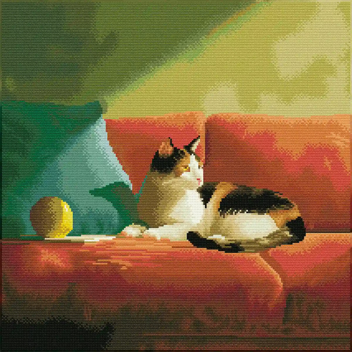 Finished Couch Chill diamond painting with sparkling rhinestones depicting a calico cat on a red couch - FEELOOK Art