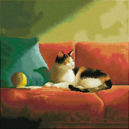 Finished Couch Chill diamond painting with sparkling rhinestones depicting a calico cat on a red couch - FEELOOK Art
