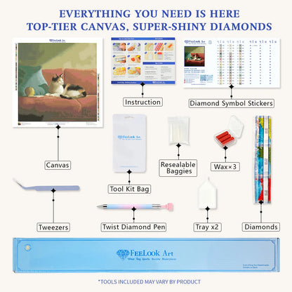 Complete Couch Chill diamond painting kit with canvas, diamonds, tools, and instructions - FEELOOK Art
