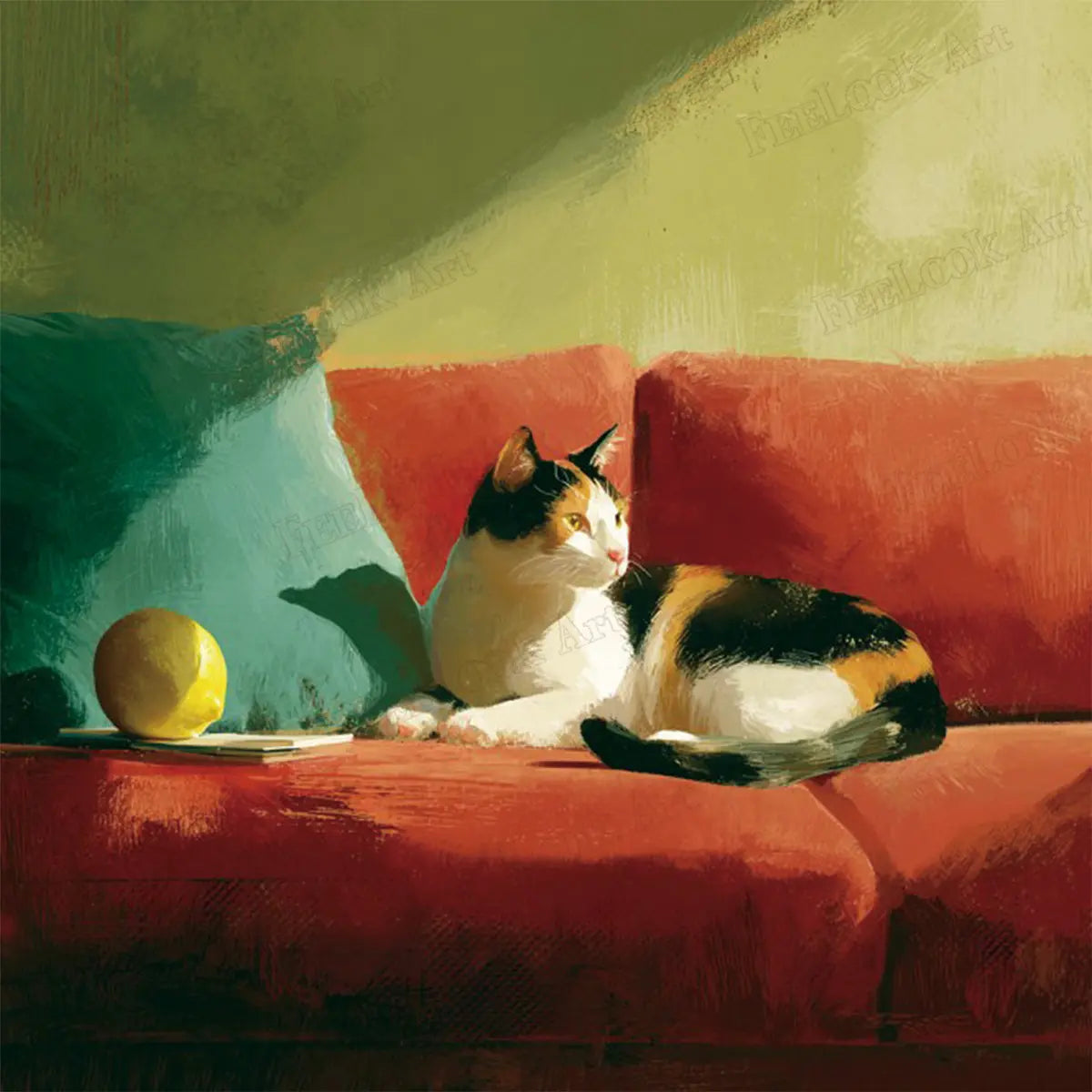 Original Couch Chill artwork featuring a calico cat on a red couch with a lemon - FEELOOK Art
