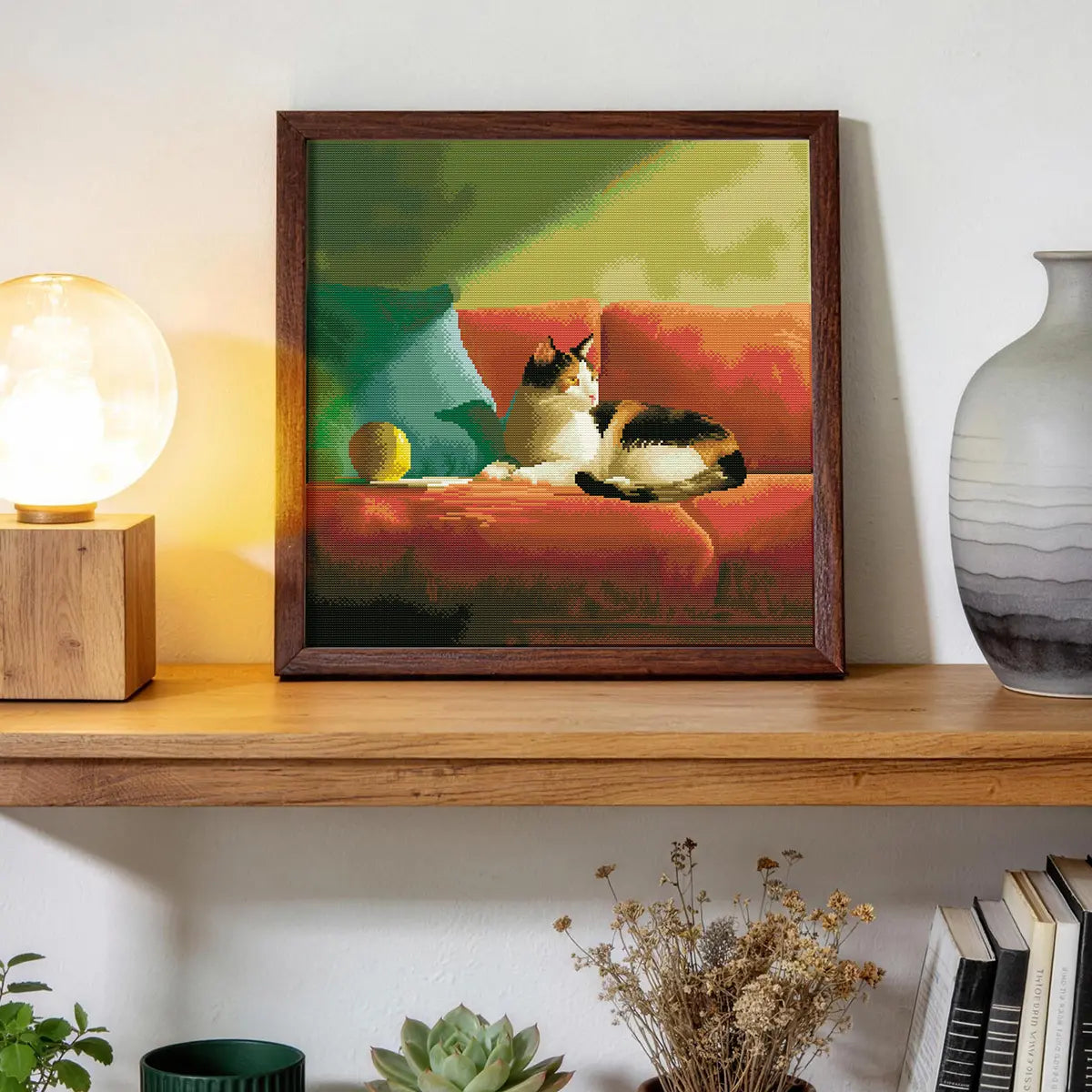 Couch Chill diamond painting displayed on a wooden shelf with a lamp and vases - FEELOOK Art